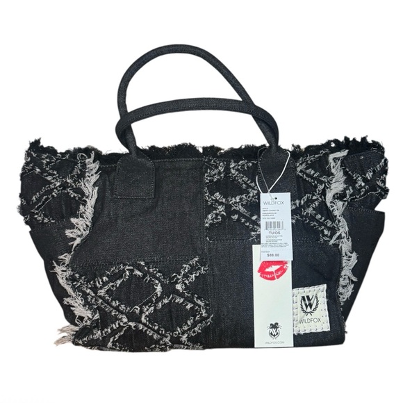 Wildfox Black Denim Distressed Black/Gray Detail Tote Bag w/adjustable strap - Picture 2 of 4